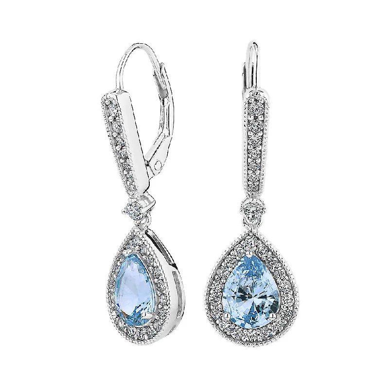 Cute Heart Earrings-Pear and Round Brilliant drop earrings with blue topaz simulants and 2.7 carats* of diamond simulants in sterling silver