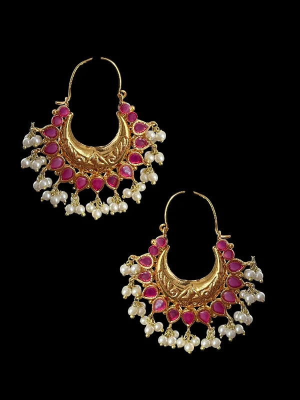 Rhinestone Earrings for Weddings-DER740 Chandbali earrings - hoop style Ruby  ( medium sized ) ( READY TO SHIP )