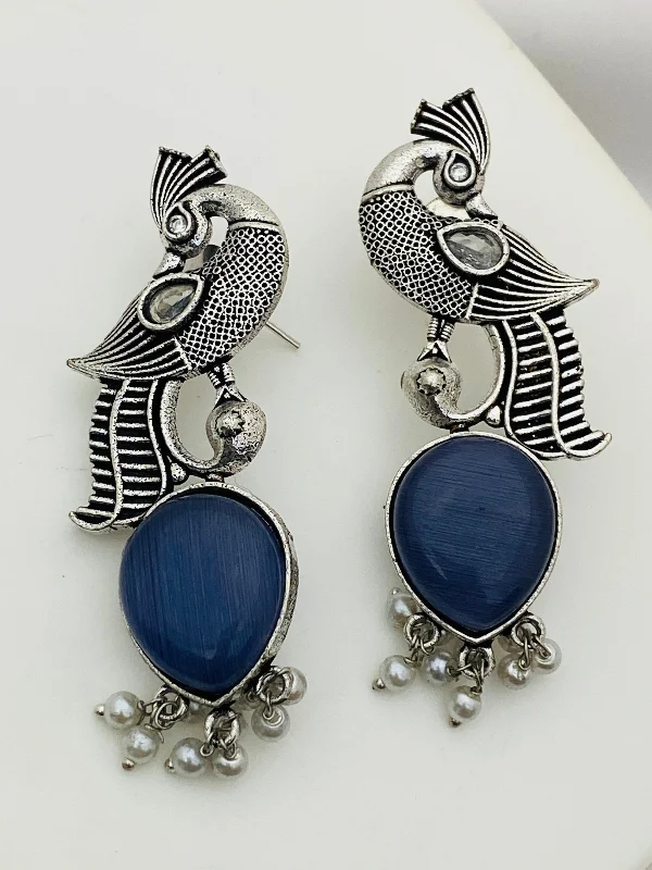 Simple Hoop Earrings-Elegant Blue Stoned Peacock Design Silver Toned Oxidized Earrings With Pearl Beads