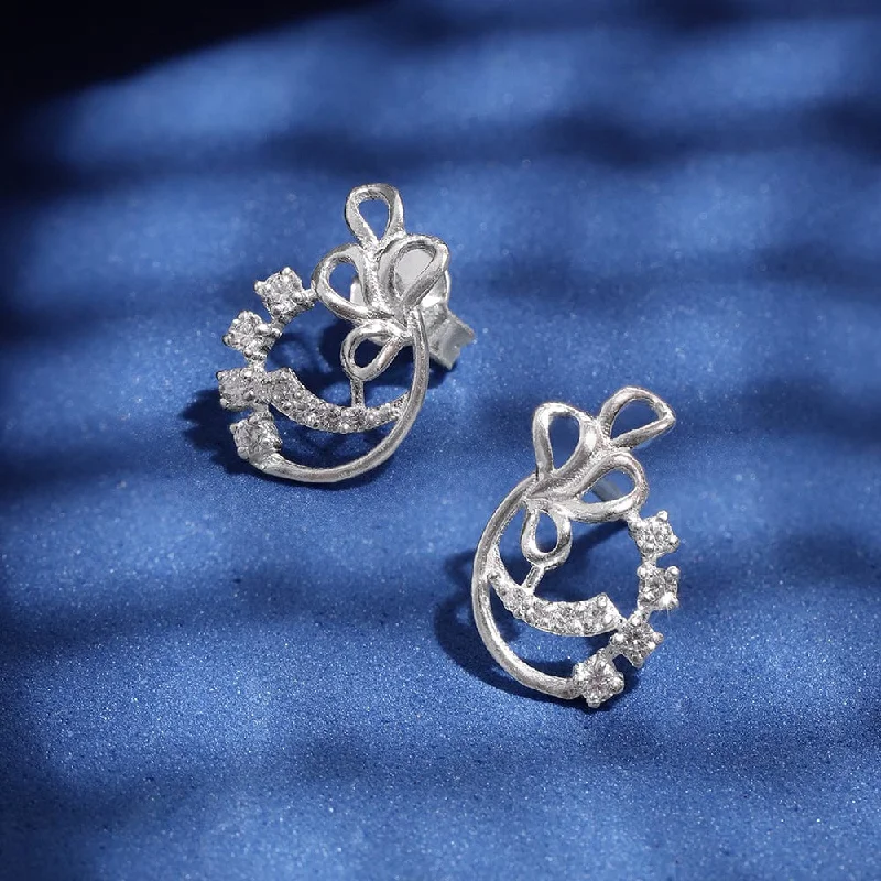 Floral Hoop Earrings-Celestial Silver Zircon Studs