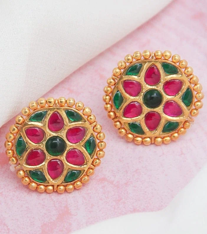 Small Drop Earrings-Silver Red And Green Kundan  stud