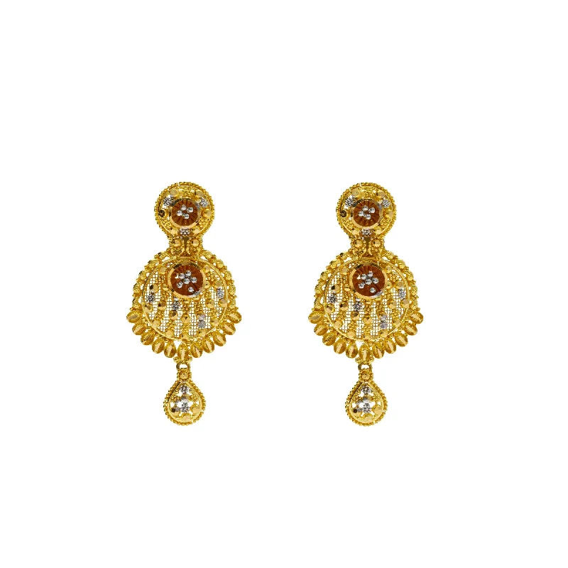 Minimalist Gold Earrings-22K Gold Multi Tone Gold Meenakari Drop Earrings W/ Shield Design & Feather Accents