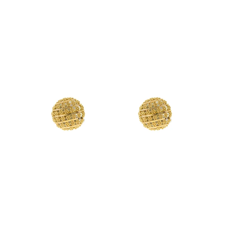 Shiny Stud Earrings-22K Yellow Gold Button Earrings W/ Gold Ball Flower Accents, 4.4 grams