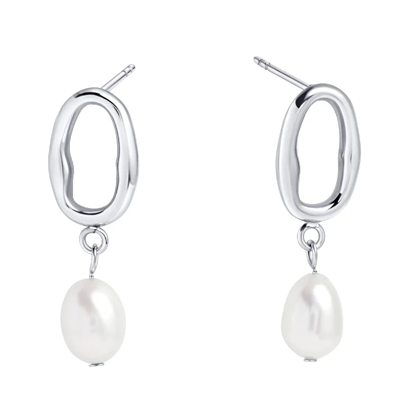 Silver Chain Drop Earrings-Papaya Pearl Pendant Earrings