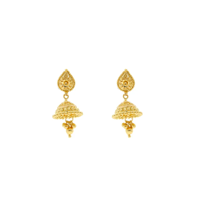 Rhinestone Earrings for Weddings-22K Yellow Gold Jhumki Drop Earrings W/ Detailed Dome & Cluster Gold Balls