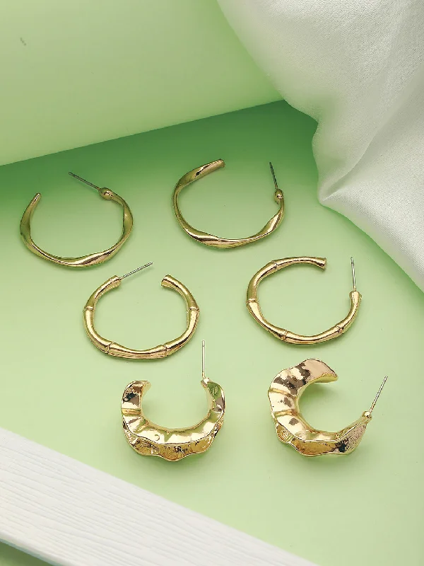 Simple Hoop Earrings for Women-Set Of 3 Gold-Toned Geometric Hoop Earrings