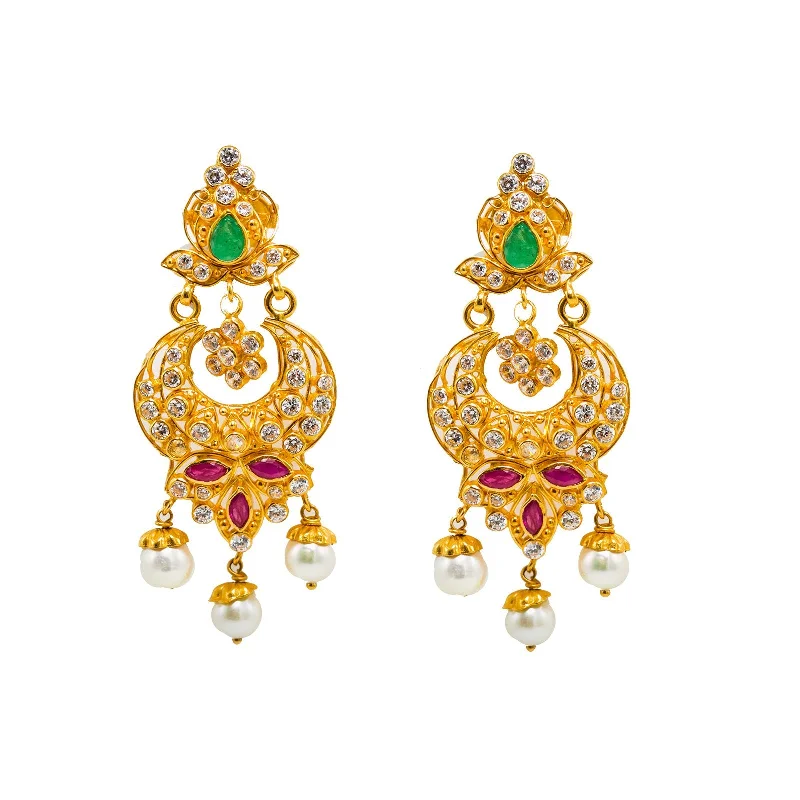 Stylish Dangling Earrings-22K Yellow Gold Chandbali Earrings W/ Rubies, Emeralds, CZ Gems & Hanging Pearls