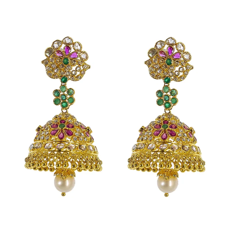 Elegant Evening Earrings-22K Yellow Gold Uncut Diamond Jhumki Earrings W/ 2.8ct Uncut Diamonds, Emeralds, Rubies & Drop Pearls