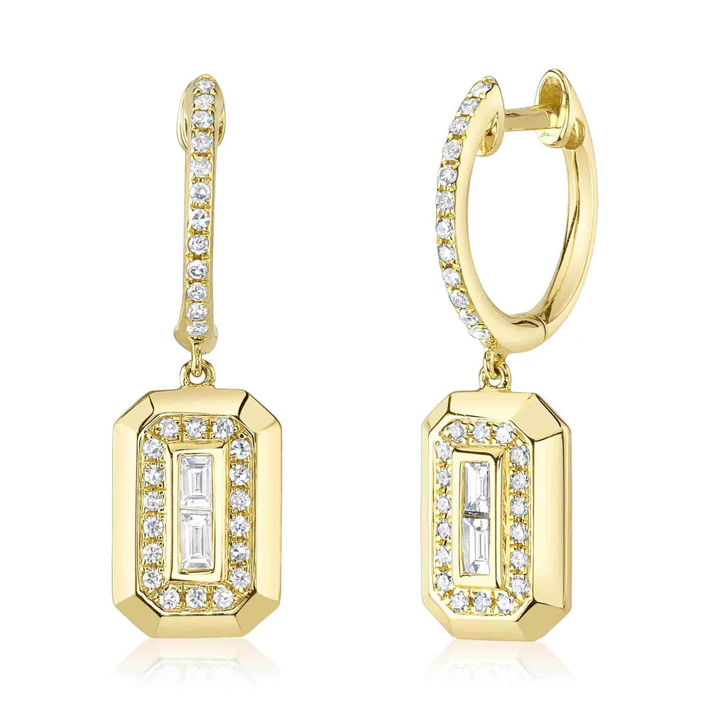 Geometric Stud Earrings-14K Yellow Gold Diamond Huggies With Diamond Baguette Drop Earrings