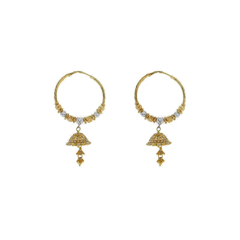 Handmade Silver Earrings-22K Multi Tone Gold Hoop Earrings W/ Hammered Gold Beads & Jhumki Drops