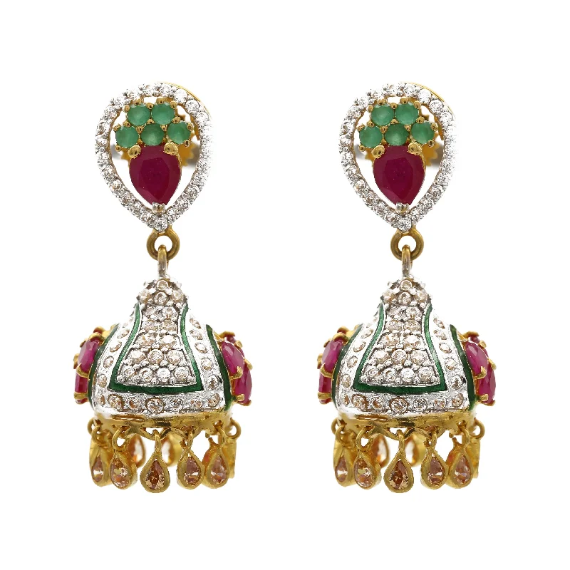 Bold Drop Earrings-22K Multitone Gold Jhumki Drop Earrings W/ Emeralds, Rubies, & Cubic Zirconia