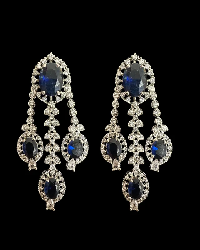 Custom Hoop Earrings-DER755  cz earrings  - sapphire blue, silver plated  ( READY TO SHIP )