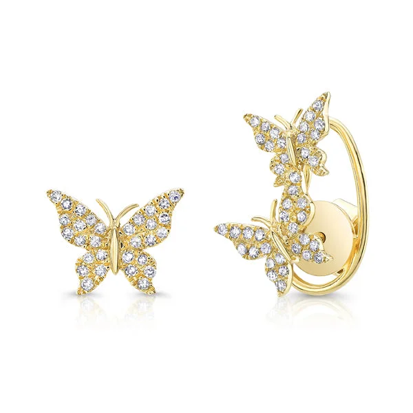 Silver Earrings with Diamonds-Un-even Butterfly Stud Earrings