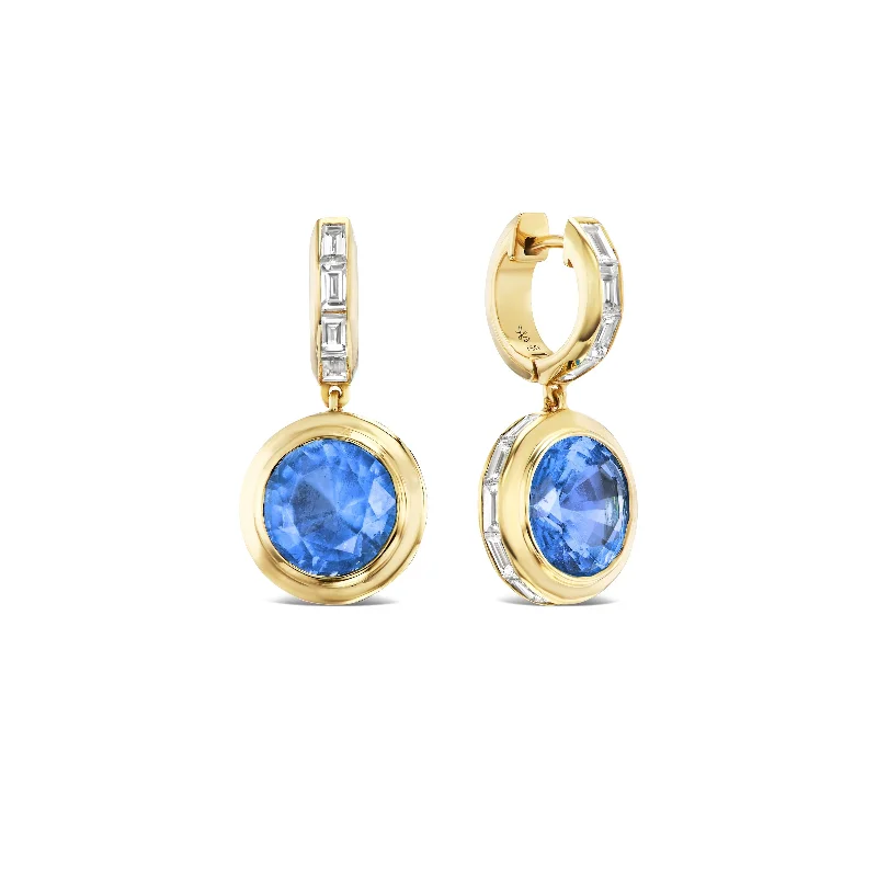 Simple Pearl Drop Earrings-SHIELD BEZEL SET SAPPHIRE DROP EARRINGS WITH HALO