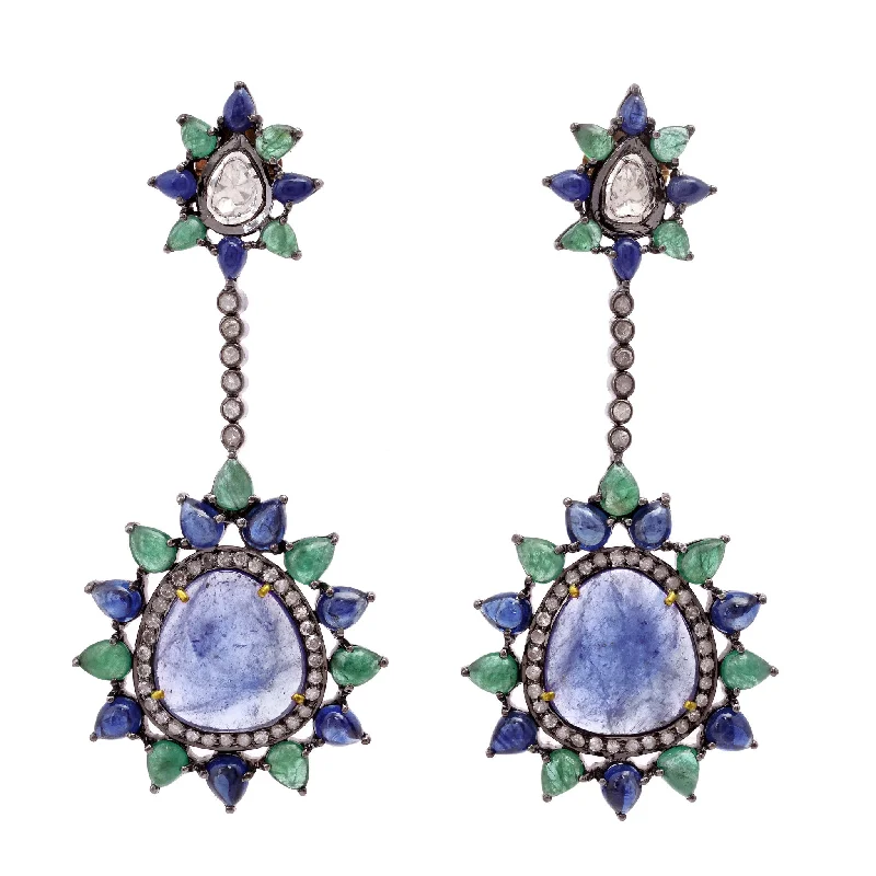 Yellow Gold Earrings-Emerald and Tanzanite Drop Earrings