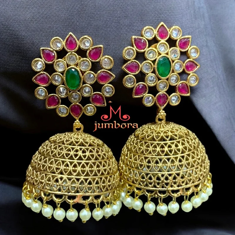 Rustic Gemstone Earrings-Traditional Ruby red, Green & LCD Champagne AD stones Jhumka Earrings