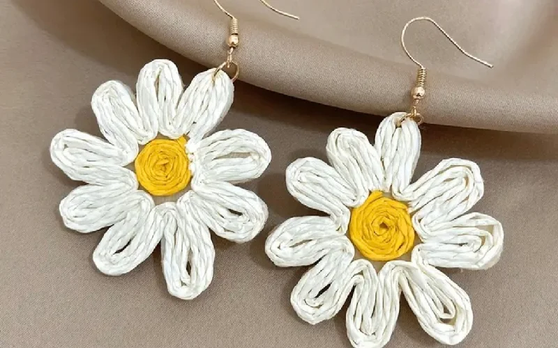 Statement Drop Earrings-White Daisy Rattan Earrings