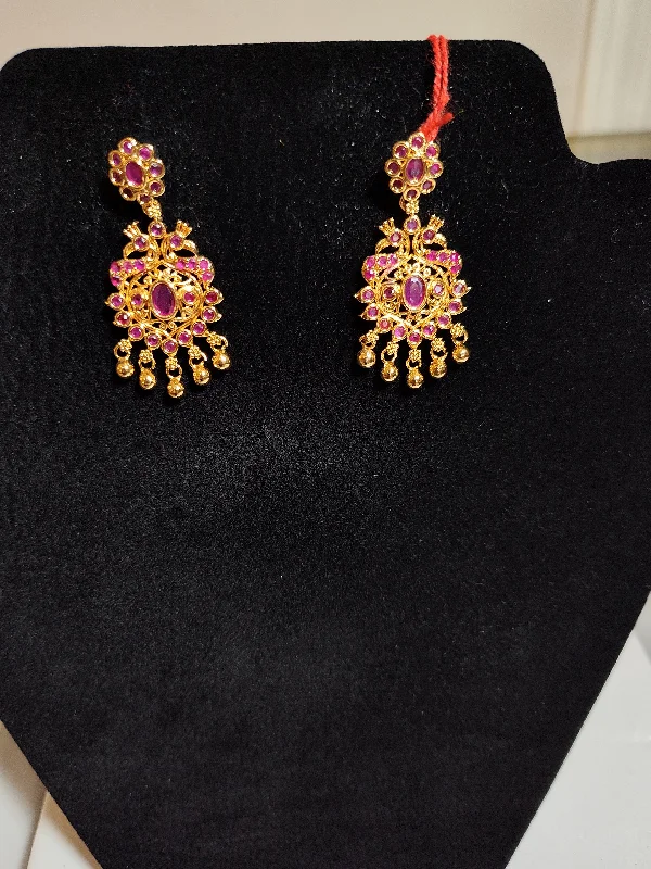 Large Diamond Earrings-Pleasing Gold Plated Earrings With Red Stones