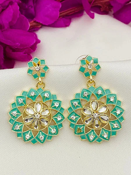 Chunky Gold Earrings-Elegant Floral Design Enamel Work Earrings