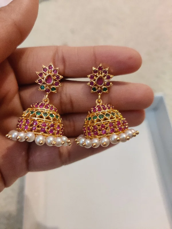 Bold Drop Earrings-Charming jumka drop Green With Pink Stone Earrings Gold Plated