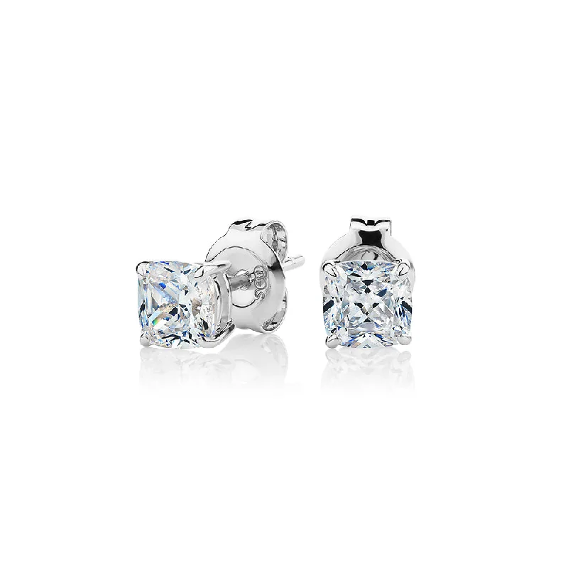 Shiny Drop Earrings-Cushion stud earrings with 1 carat* of diamond simulants in 10 carat white gold