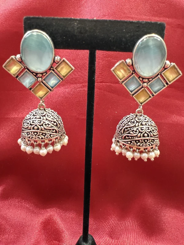 Rose Gold Stud Earrings-Alluring Sky Blue And Light Green Stone Jhumka  Designer Oxidized Earrings For Women