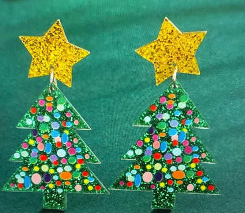 Vintage Gemstone Earrings-Green Acrylic Christmas Tree Earrings