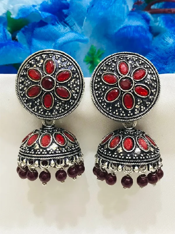 Round Hoop Earrings-Gorgeous Oxidized Maroon Colored Jhumka Earrings For Women