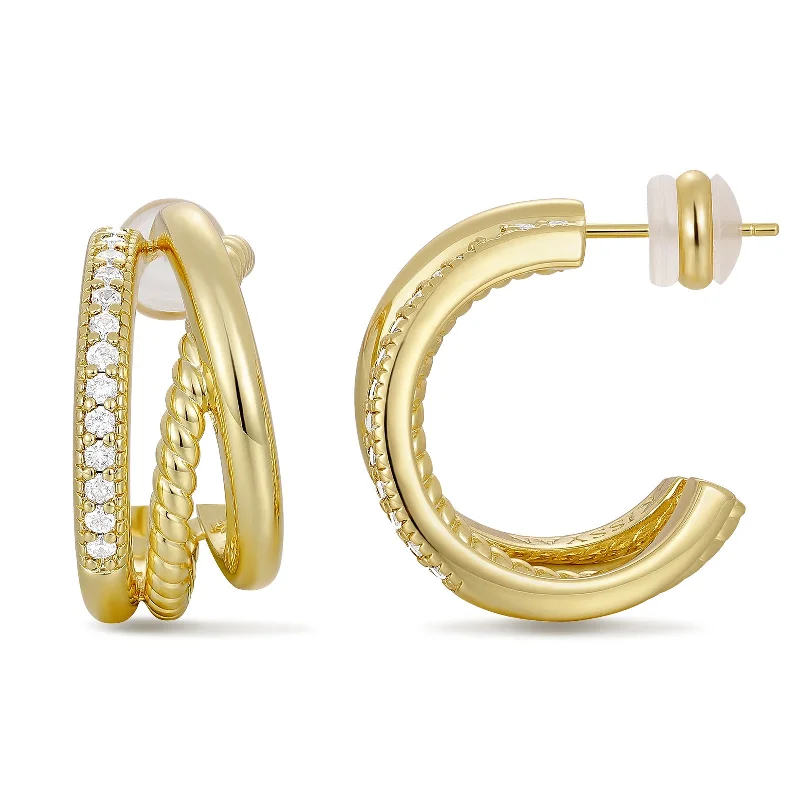 Chunky Gold Earrings-14K Gold Plated Cubic Zirconia Triple Open Hoops C Shape Wrap Earrings