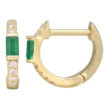 Bridal Earrings for Weddings-14k Yellow Gold Emerald Huggie Earrings