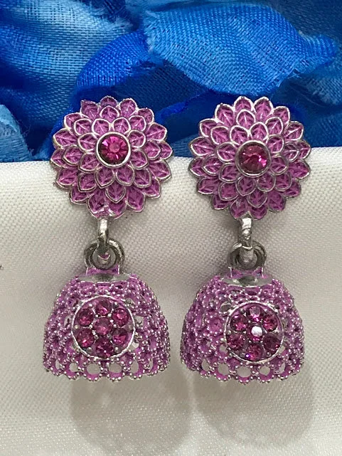 Multi-Layer Earrings-Beautiful Pink Color Oxidized Printed Work Earrings