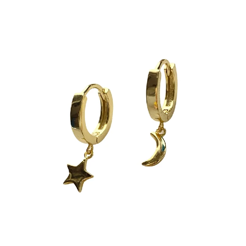 Bold Statement Earrings-Moon Star Charm Huggies