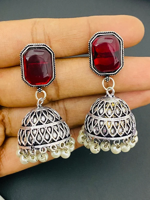 Premium Silver Earrings-Beautiful Maroon Color Small Oxidized Earrings For Women