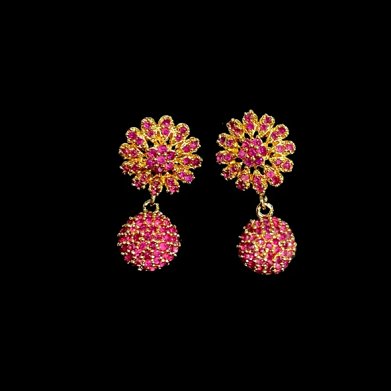 Custom Pearl Earrings-Floral AD Zircon Ball Earrings in Ruby Red, Green & White