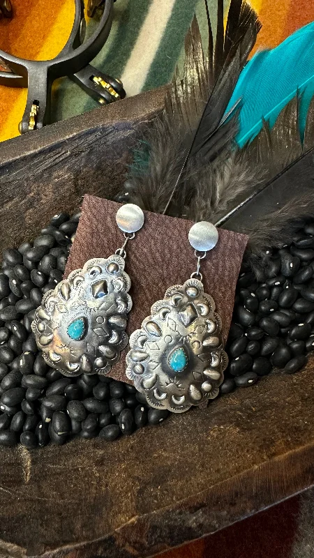 Large Drop Earrings-Sterling Silver and Turquoise teardrop Concho Earrings