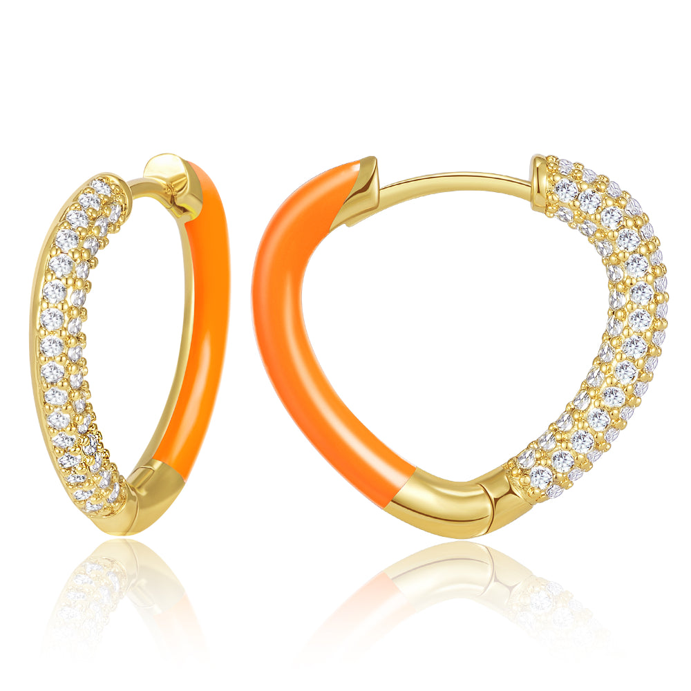 Black Earrings for Women-Orange Enamel Heart Huggie Hoop Earrings