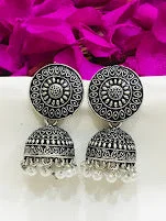 Luxury Drop Earrings-Exquisite Traditional Oxidized Jhumka Earrings With White Beads For Women