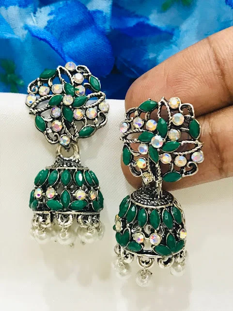 Double Hoop Earrings-Attractive Green Color Oxidized Jhumka Earrings With Beads And Stones