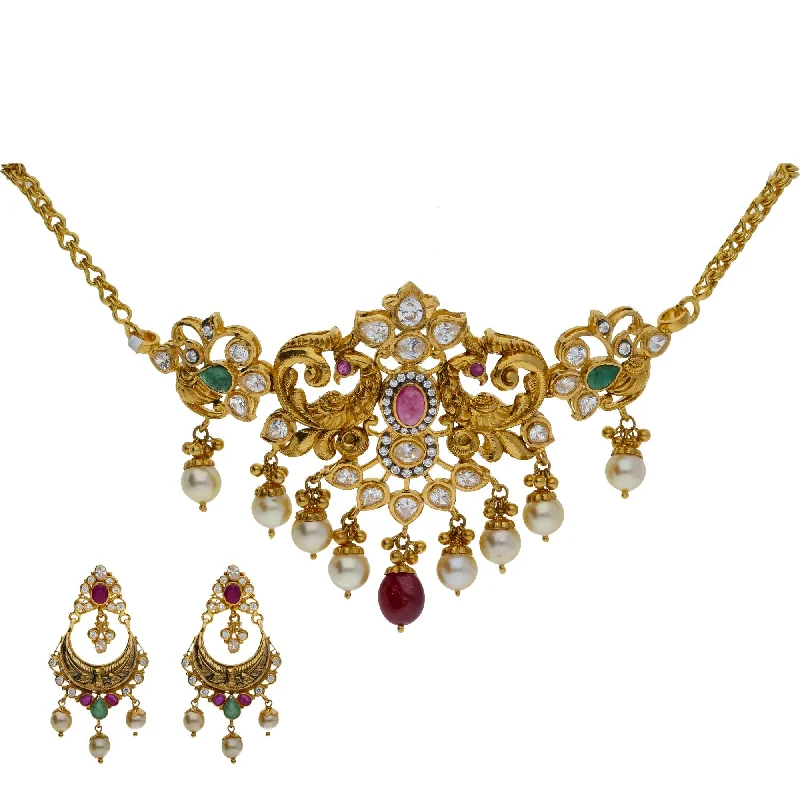 Antique Gold Earrings-22K Yellow Antique Gold 2-in-1 Choker/Vanki & Chandbali Earrings Set W/ Emerald, Ruby, CZ, Pearls & Double Peacock Design