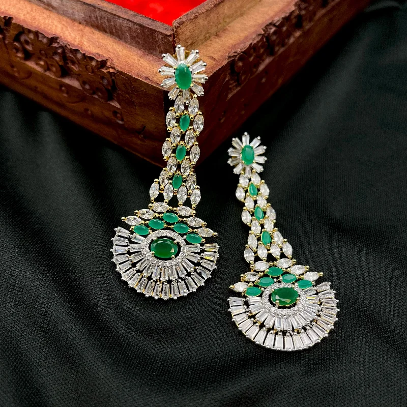 Large Crystal Drop Earrings-Statement Long White & Green AD Zircon (CZ) Earrings