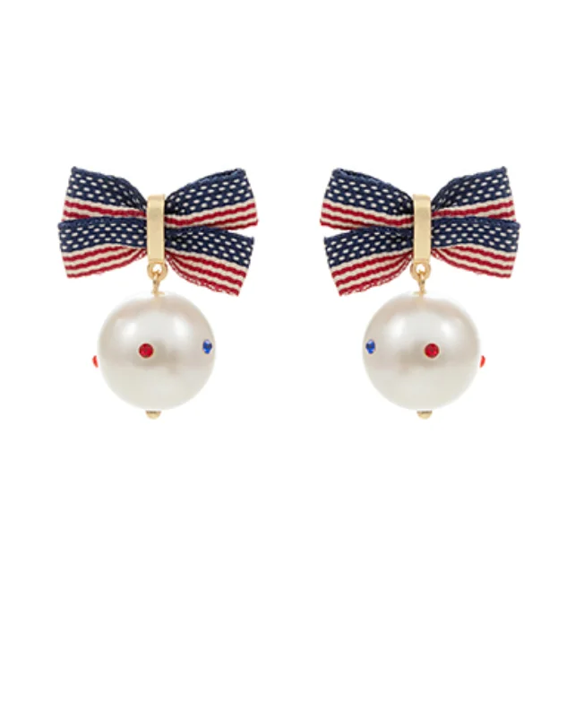 Cute Dangle Earrings-USA Flag Bow Pearl Earrings