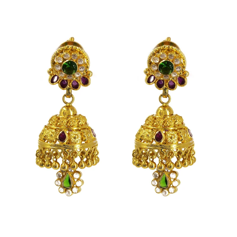 Pink Gemstone Earrings-22K Yellow Gold Jhumki Drop Earrings W/ Ruby, Emerald, CZ & Flower Details