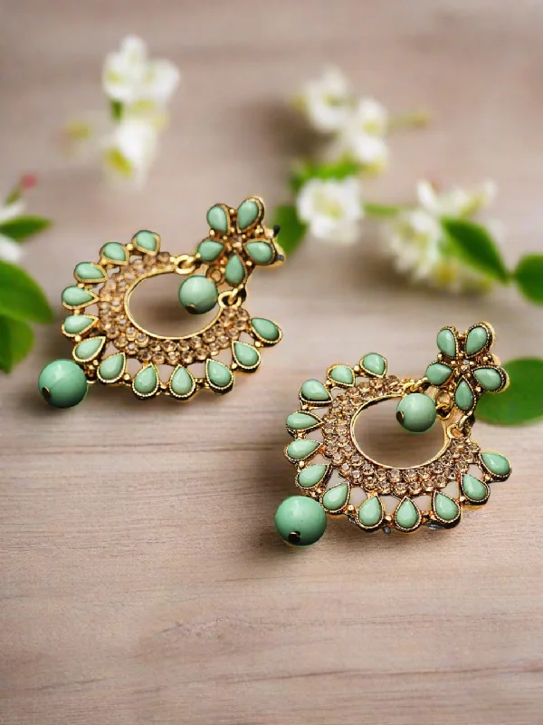 Textured Hoop Earrings-Green Gold-Plated Kundan-Studded Handcrafted Crescent-Shaped Chandbalis