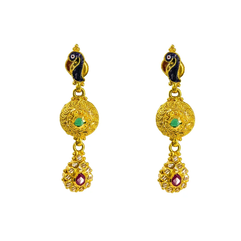 Tassel Earrings for Women-22K Yellow Gold Drop Earrings W/Meenakari Design, Peacock Accents & Teardrop Pendant