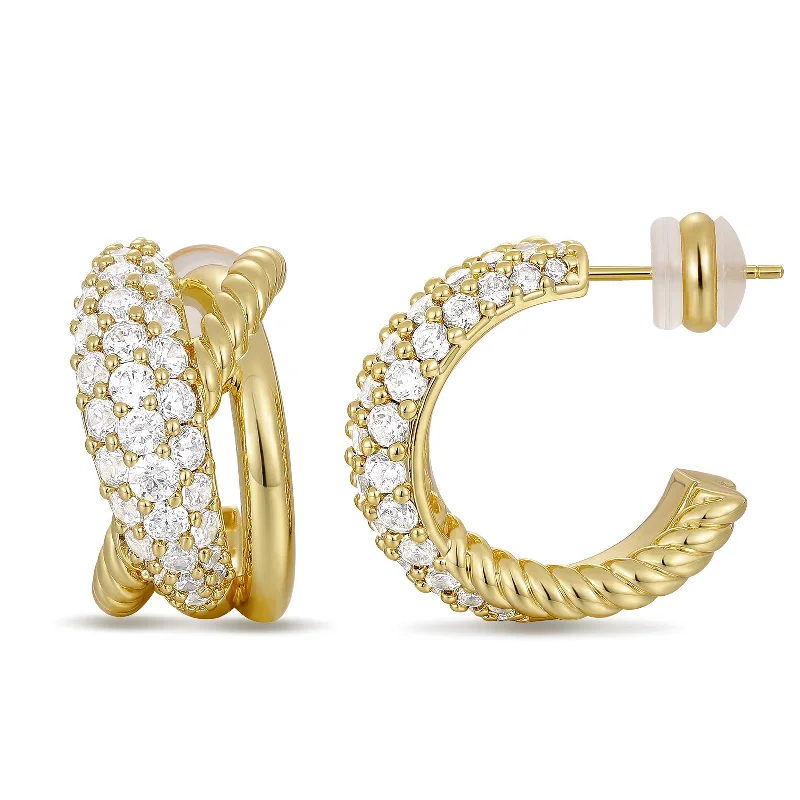 Fashion Earrings for Teenagers-14K Gold Plated Cubic Zirconia Triple Open Hoops C Shape Wrap Earrings