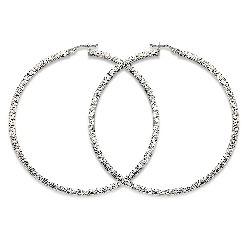 Statement Earrings for Weddings-High Polish Greek Key Circle Hoop Earrings .925 Sterling Silver