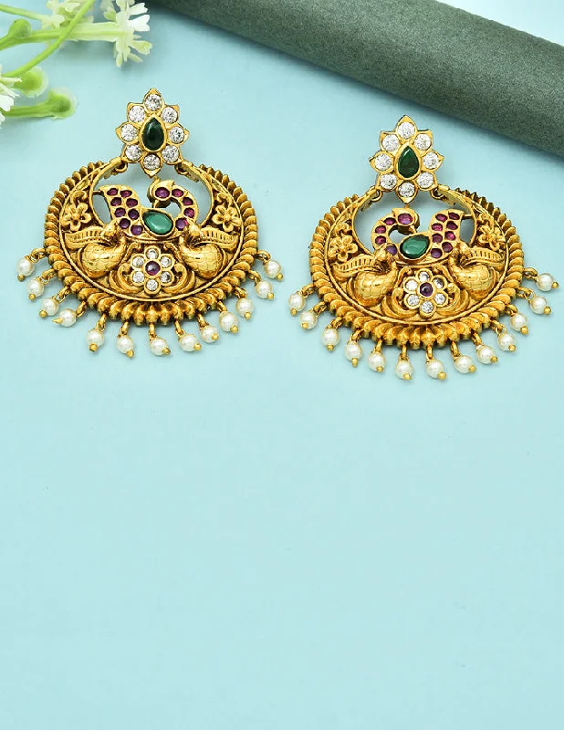 Statement Silver Earrings-Designer Peacock Kempu Chandbali Earrings