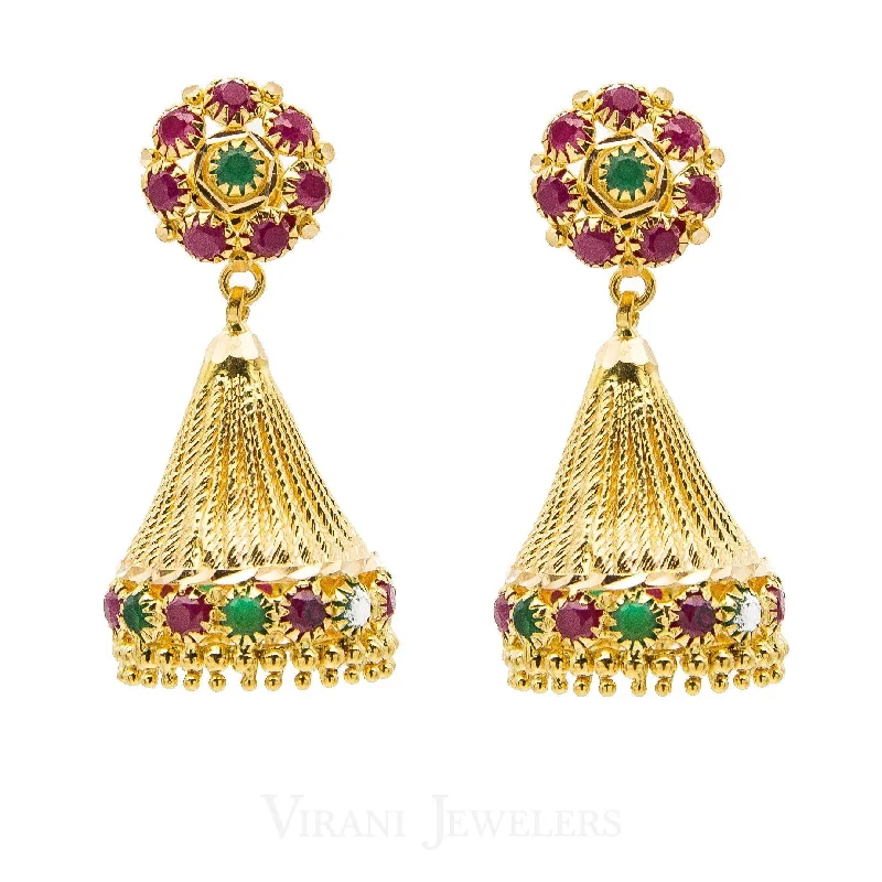 Handmade Gold Earrings-22K Yellow Gold Emerald & Ruby Jhumki Drop Earrings