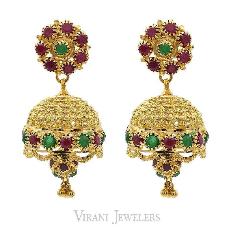 Multi-Colored Earrings-22K Yellow Gold Flower Jhumkis Drop Earrings W/Rope Filigree