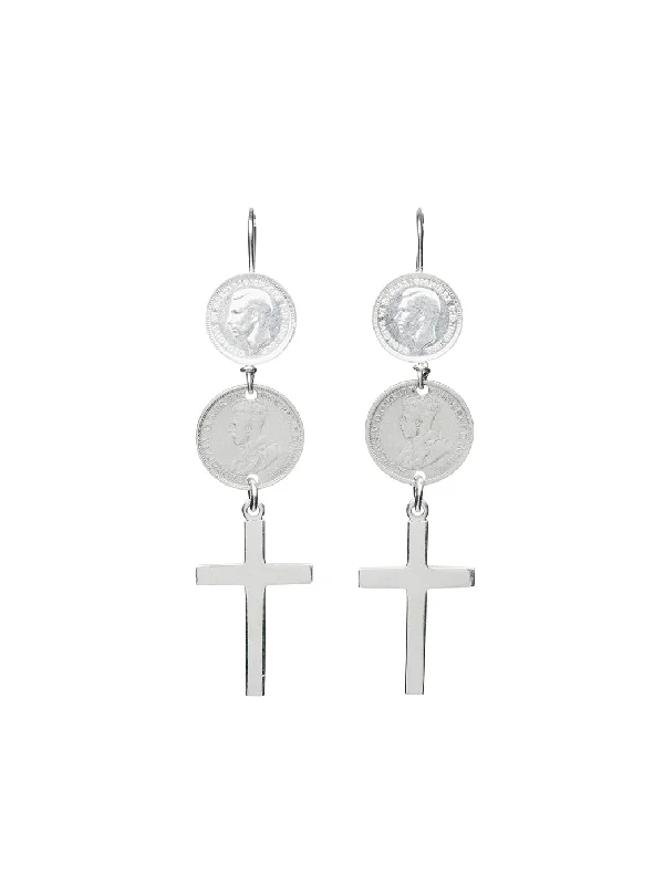 Pearl Earrings for Weddings-Double Coin Cross Earrings